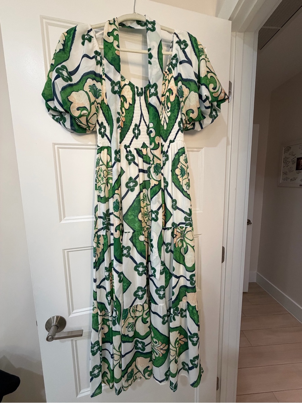 Flying Tomato White & Green Floral Maxi Dress with Puff Sleeves